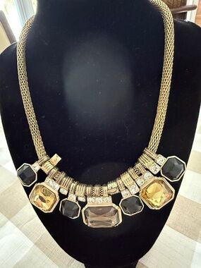 Gold Statement Necklace with Black and Amber Stones